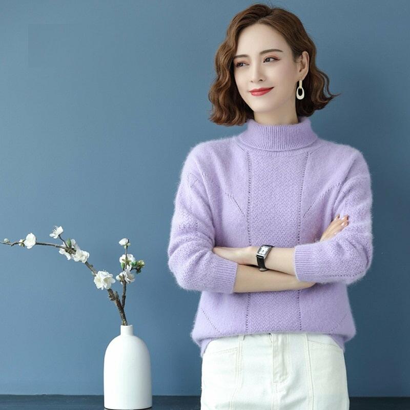 100% Mink Cashmere Wool Women Sweater Pullover Turtleneck Jumper Ladies Tops