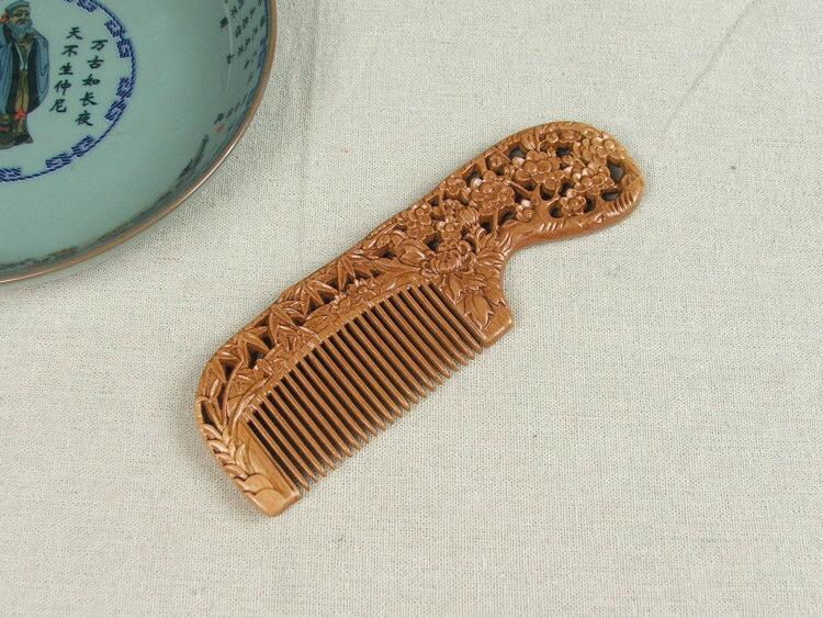 Natural Peach Wood Handmade Comb, with Decorative Carved Pattern