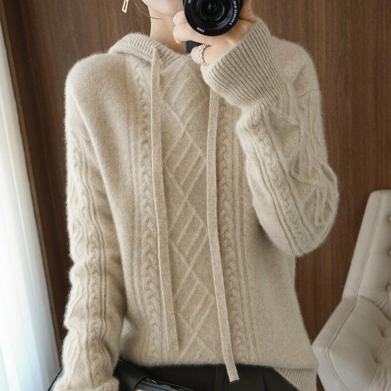 Measurement 100% Cashmere Wool Hooded Sweater Long Sleeved Knitted Pullover