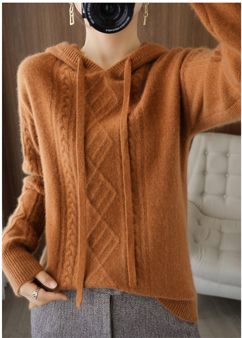 100% Cashmere Wool Hooded Sweater Long Sleeved Knitted Pullover