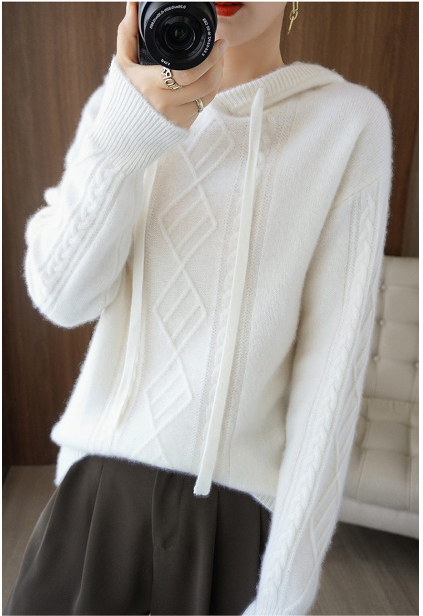 100% Cashmere Wool Hooded Sweater Long Sleeved Knitted Pullover