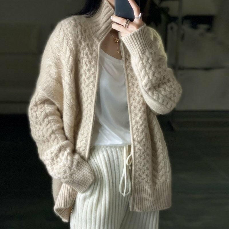 100% Wool Knitted Cardigan Zipper Cardigan Coatigan