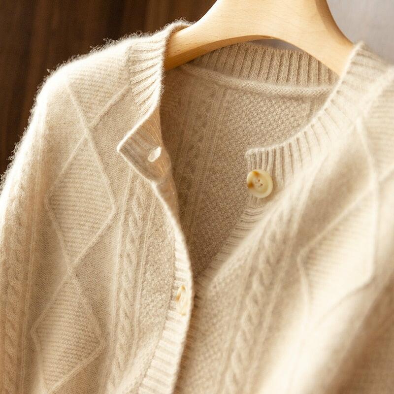 Pure Wool Women's Cable Knit Cardigan Sweater Round Neck Long Sleeves