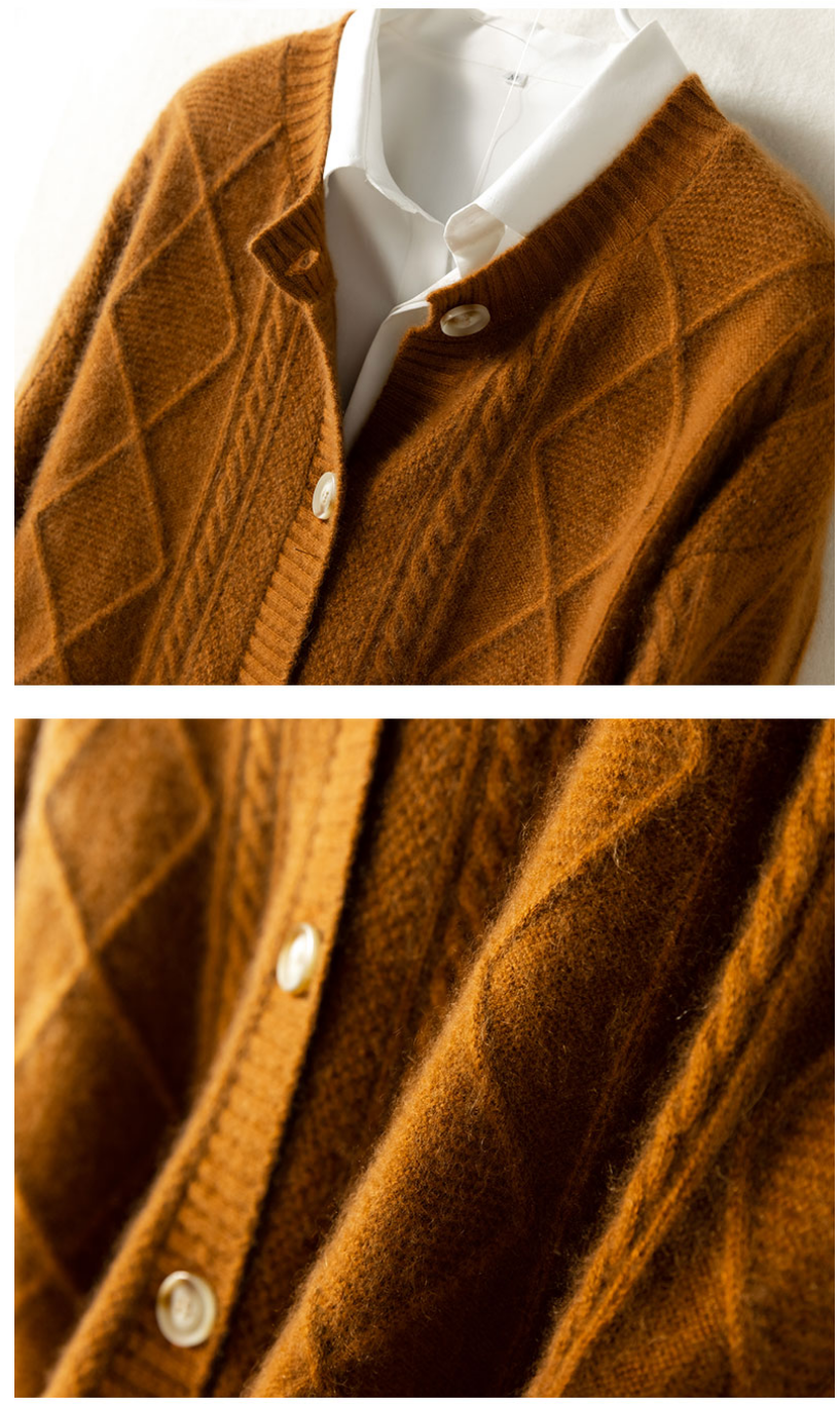 Pure Wool Women's Cable Knit Cardigan Sweater Round Neck Long Sleeves