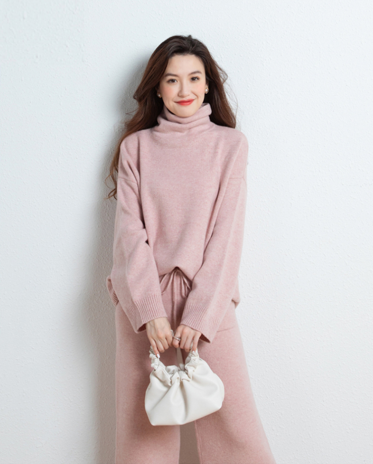100% Pure Cashmere Knitted Suit Women's Turtleneck Sweater and Bottoms Wide Leg Trousers Set of 2 pieces