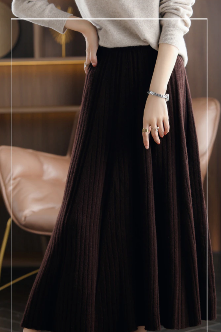 100% Pure Woollen Knitted Skirt Ribbed Pleated Elastic Waist