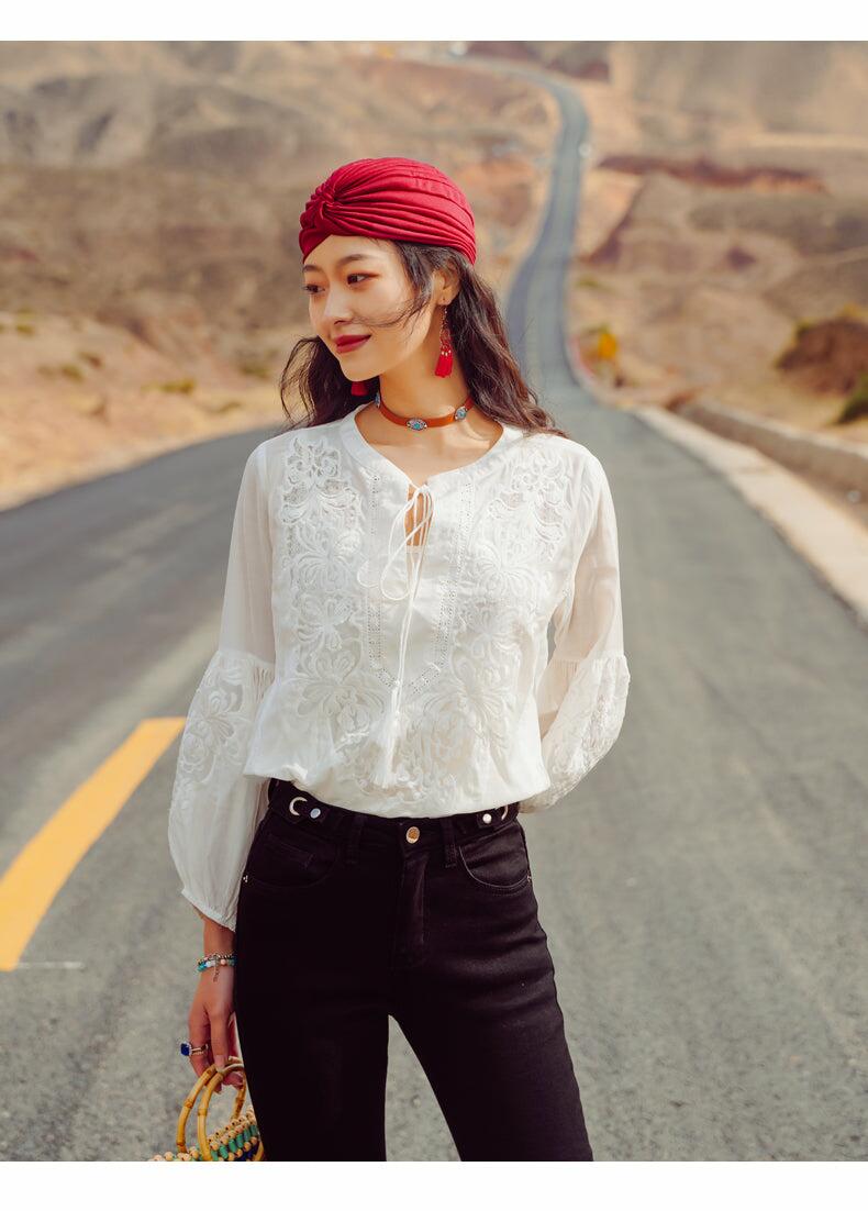 95% Silk 5% Viscose Women's White Lace Embroidery Blouse/Shirt,  Long Lantern Sleeve Top