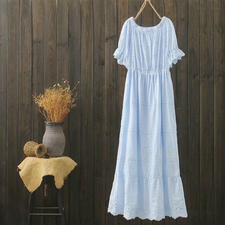 100% Cotton Embroidery Lace Mid-Calf Women's Dress, Off-shoulder, Short Sleeves
