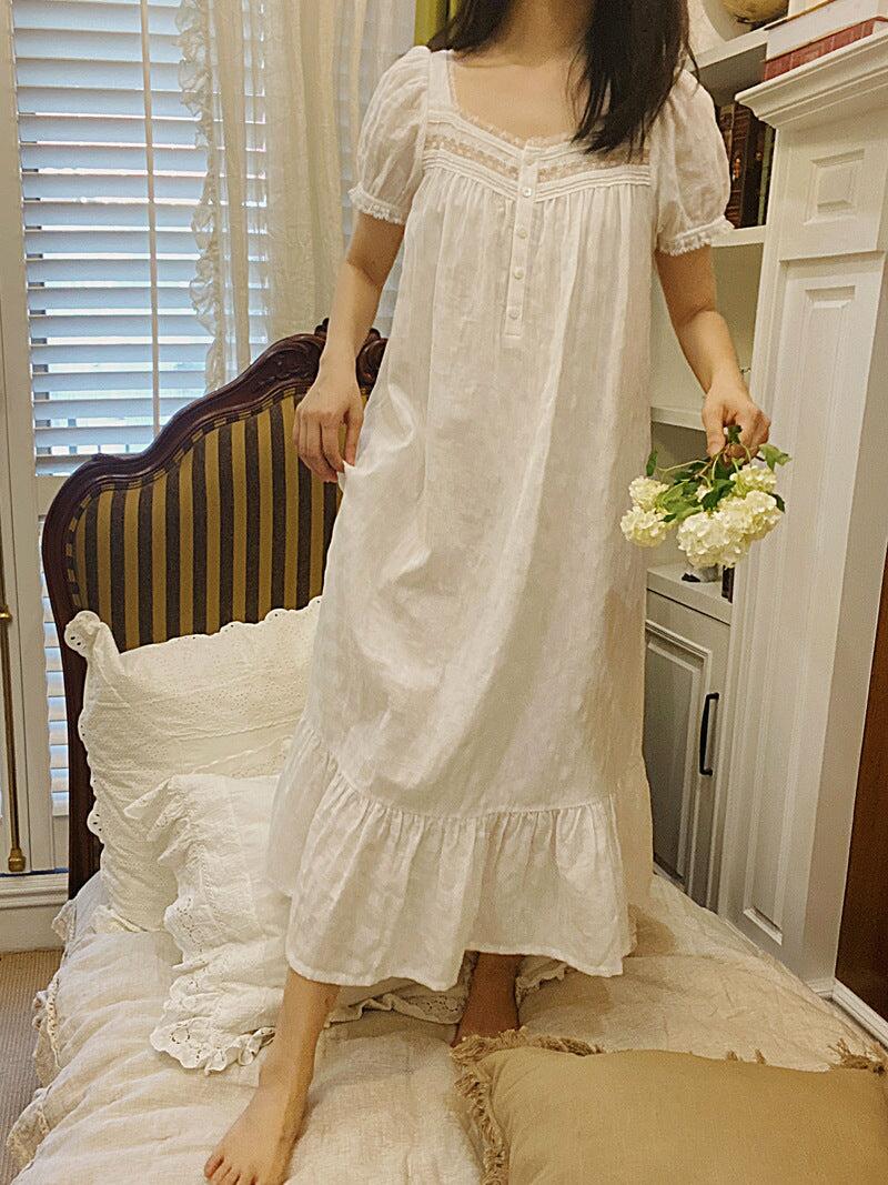 100% Pure Cotton Victorian Night Dress, Women's Short Sleeve Vintage Nightgown, Sleepwear