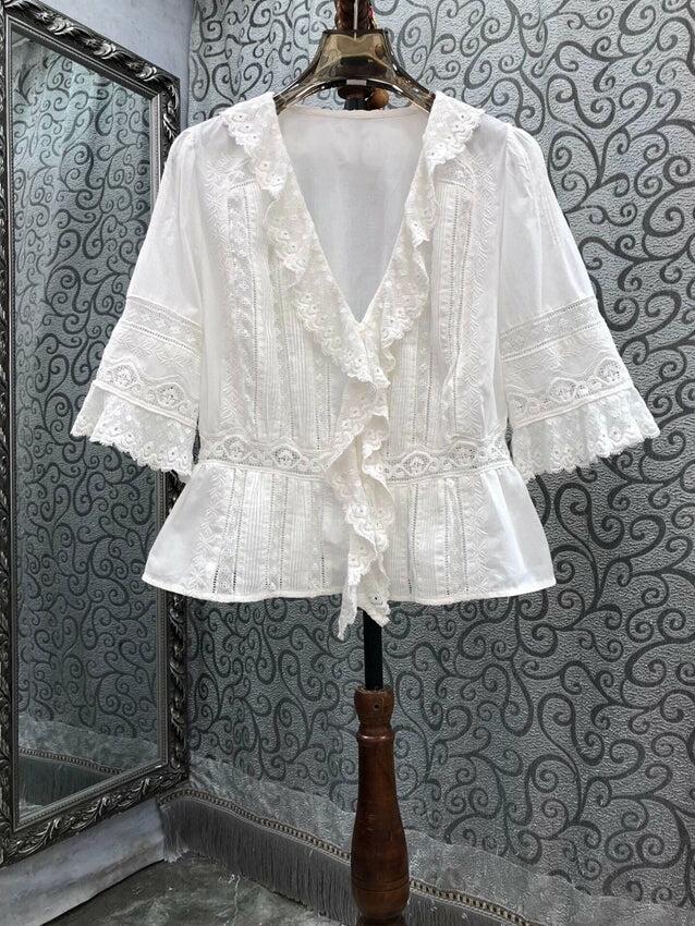 100% Cotton Lace Embroidery Tops White Blouses Ladies V-Neck Ruffle Half Sleeve Casual Vintage Shirts