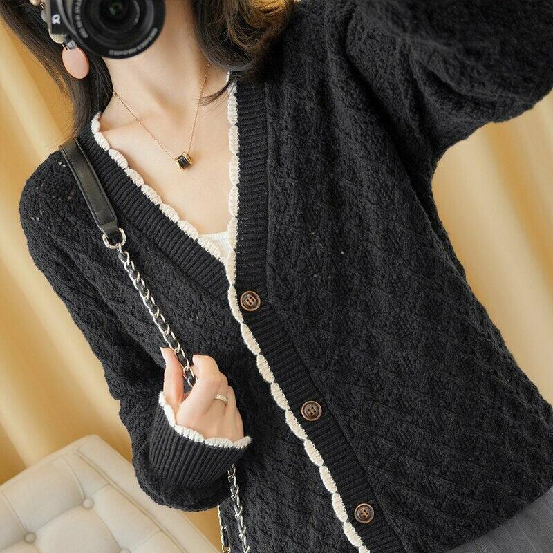 Pure Cotton 100% Pure Cotton Knit Cardigan Jacket V-Neck Casual Hollow Lace Top