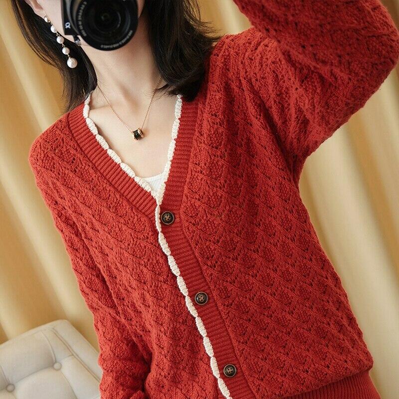 100% Pure Cotton Knit Cardigan Jacket V-Neck Casual Hollow Lace Top