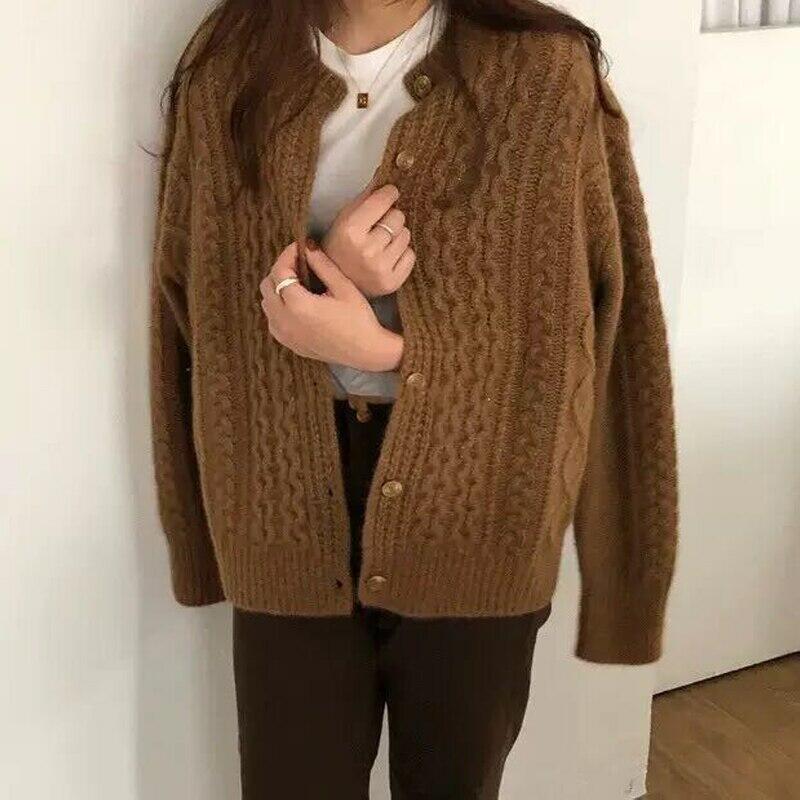 100% Cashmere Cardigan Long Sleeves Knitted Sweater Women Tops