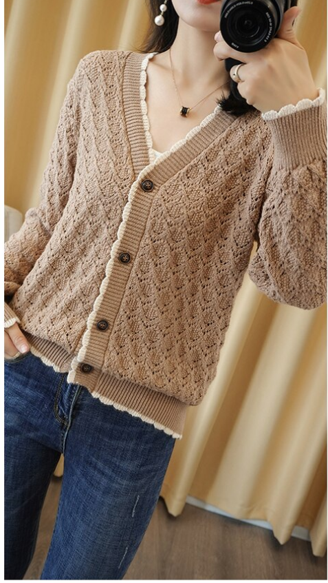100% Pure Cotton Knit Cardigan Jacket V-Neck Casual Hollow Lace Top
