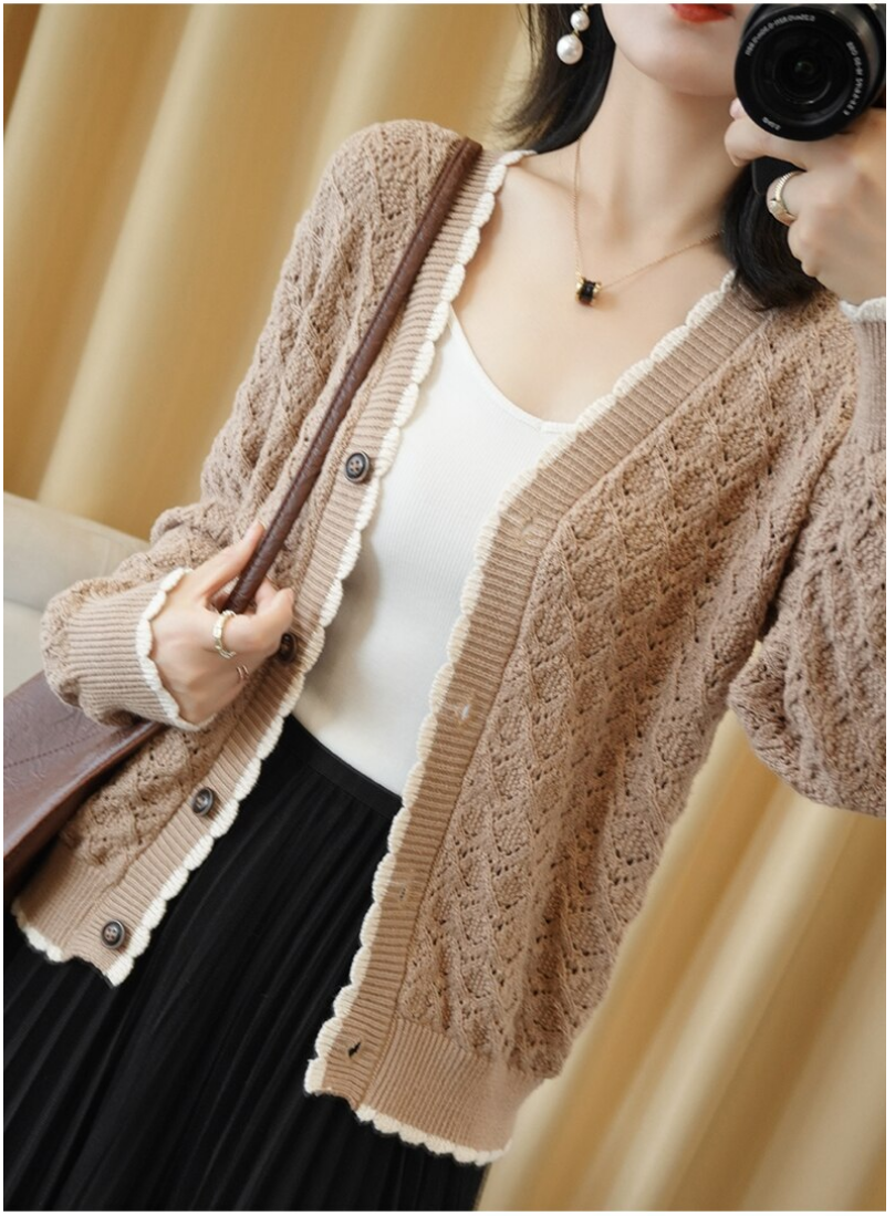 100% Pure Cotton Knit Cardigan Jacket V-Neck Casual Hollow Lace Top