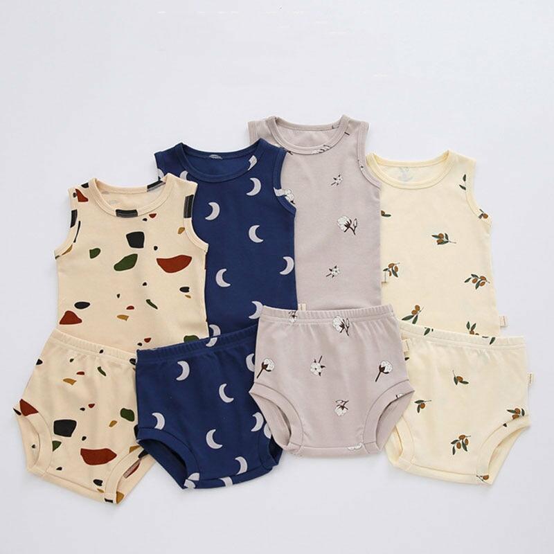 100% Cotton 0-3T New-born Baby Kid Unisex Boys Girls Set Tank Top + Shorts 2pcs Set