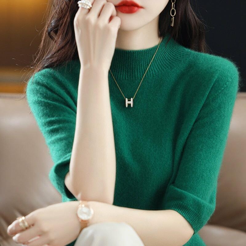 100% Pure Wool Knitted Sweater  Short-Sleeved Half  Sleeve Casual Pullover