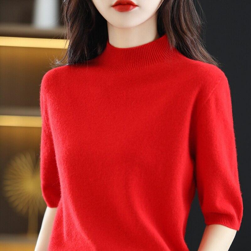 100% Pure Wool Knitted Sweater  Short-Sleeved Half  Sleeve Casual Pullover