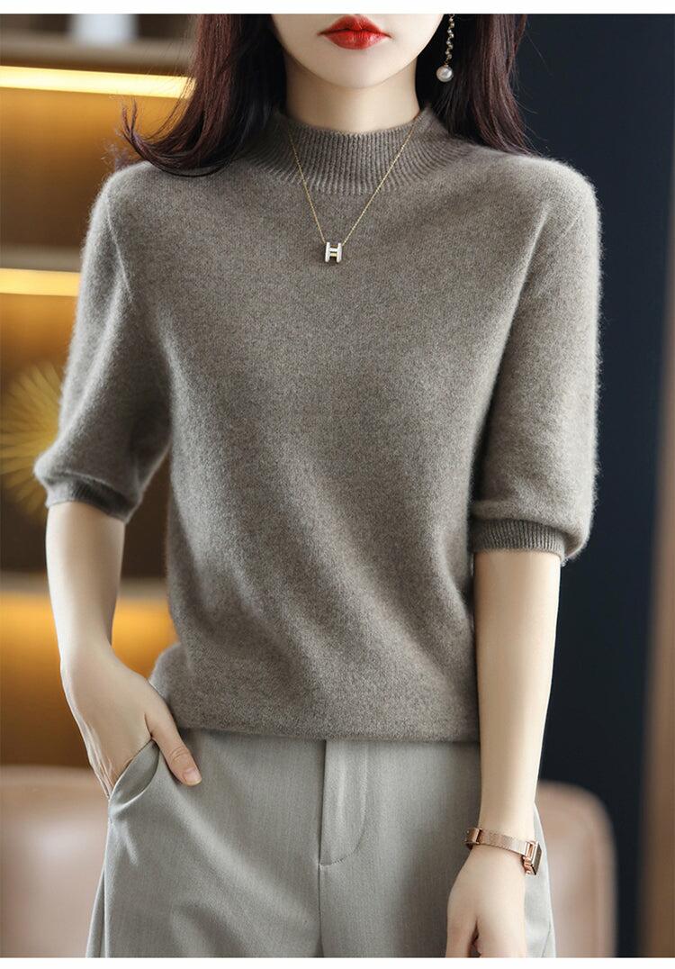 100% Pure Wool Knitted Sweater  Short-Sleeved Half  Sleeve Casual Pullover Top