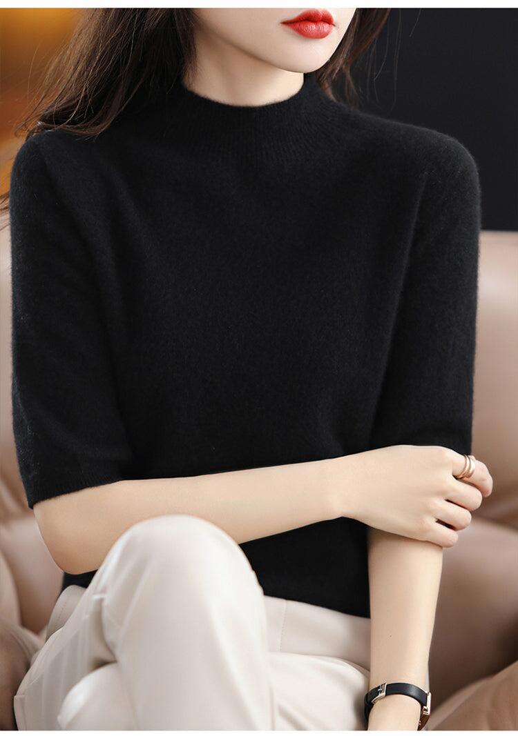 100% Pure Wool Knitted Sweater  Short-Sleeved Half  Sleeve Casual Pullover Top