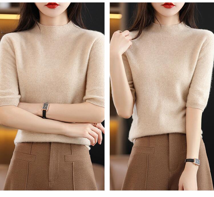 100% Pure Wool Knitted Sweater  Short-Sleeved Half  Sleeve Casual Pullover Top