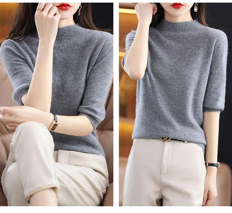 100% Pure Wool Knitted Sweater  Short-Sleeved Half  Sleeve Casual Pullover Top
