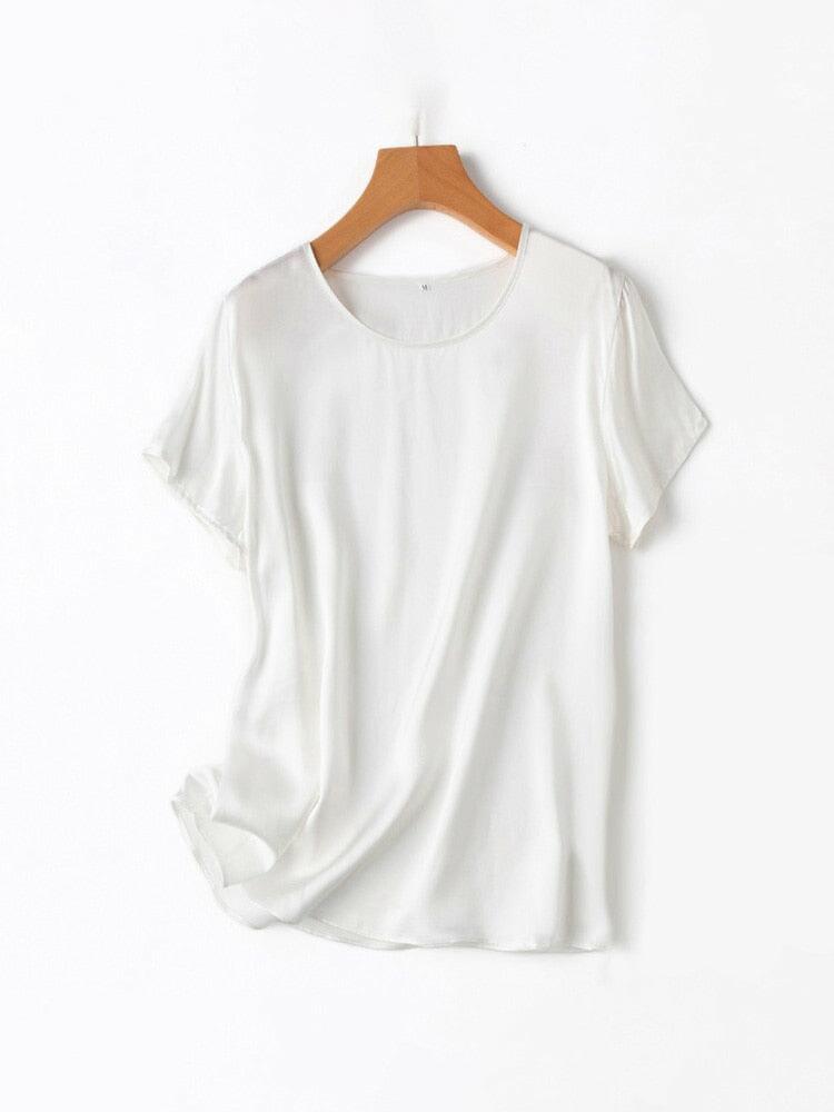 100% Mulberry Silk Short Sleeved Plain Round Neck T-Shirt Top