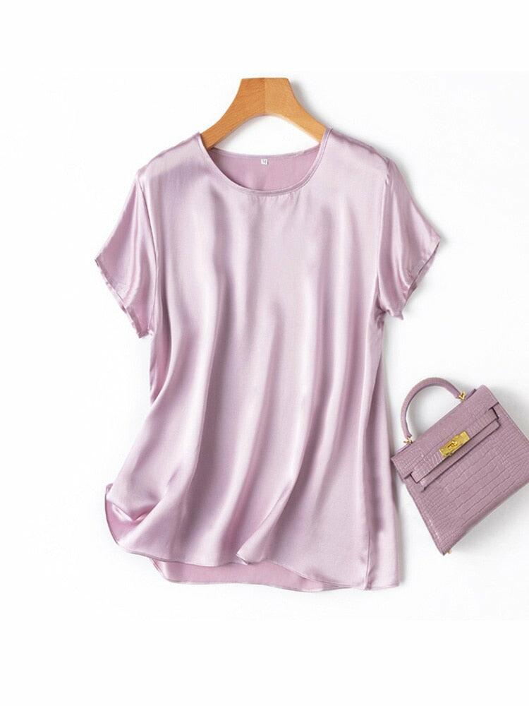 100% Mulberry Silk Short Sleeved Plain Round Neck T-Shirt Top