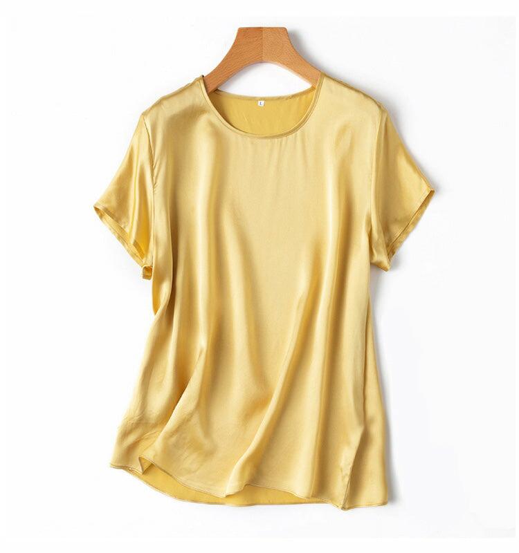100% Mulberry Silk Short Sleeved Plain Round Neck T-Shirt Top