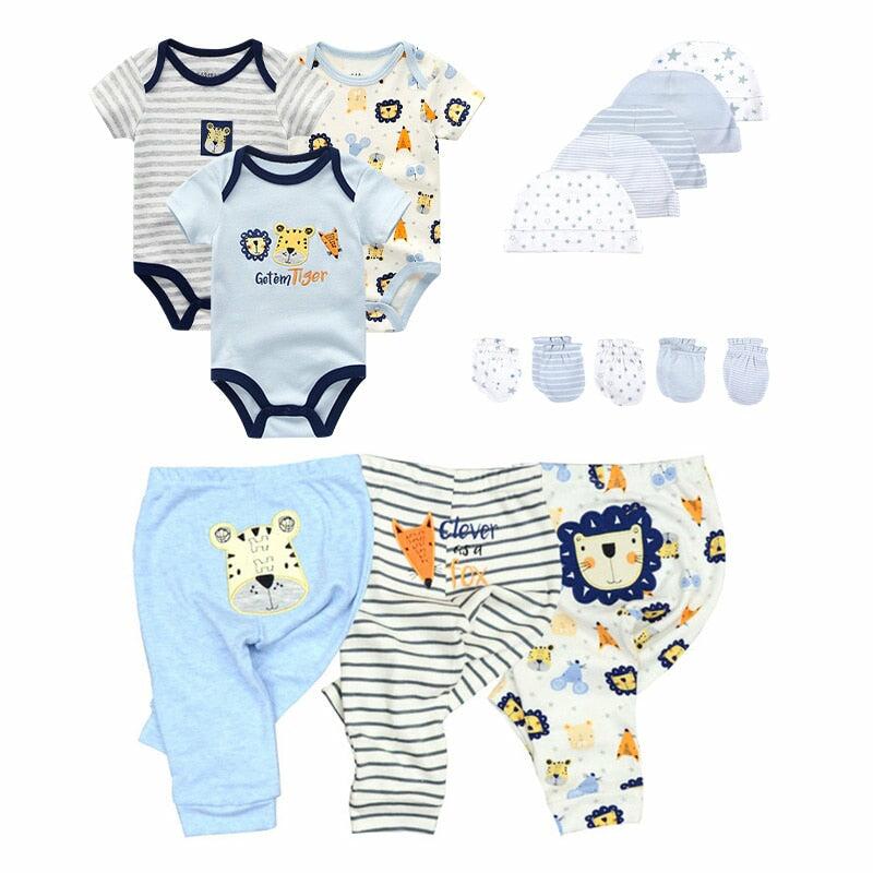 100% Cotton New-born Baby Sets Suits Unisex Bodysuits + Pants + Hats + Gloves Baby Girl Boy Short Sleeve