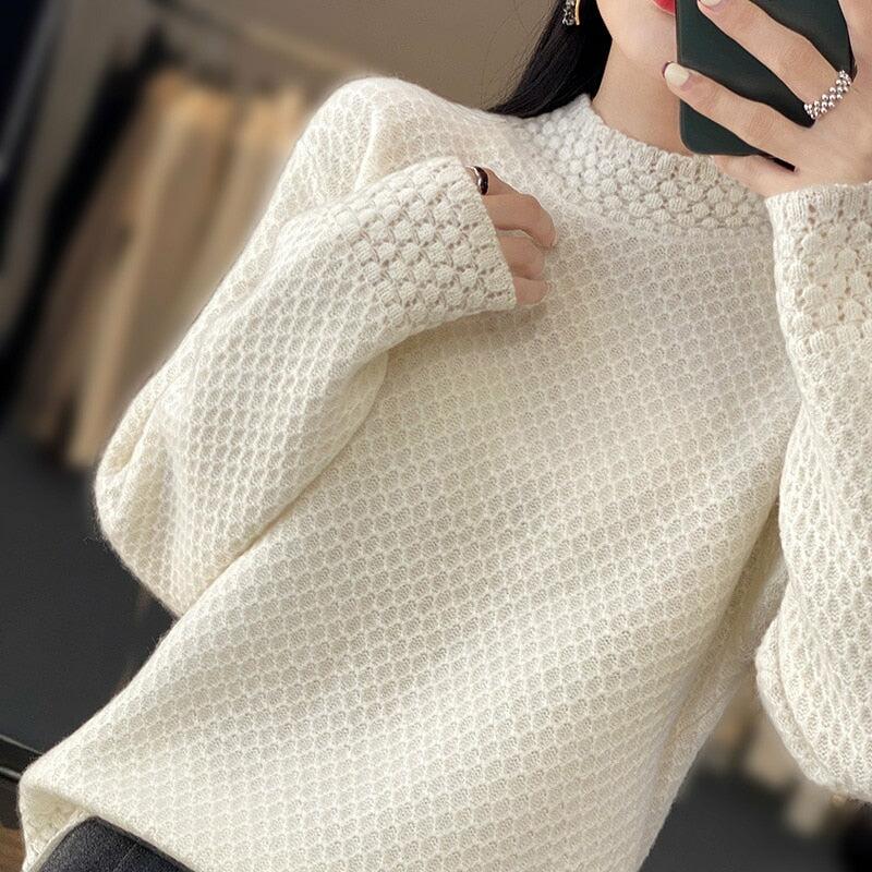 100% Pure Wool Lace Knit Women's Jumper Half High Collar Sweater Pullover Top