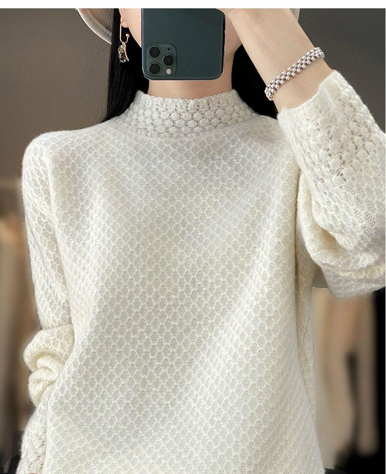100% Pure Wool Lace Knit Women's Jumper Half High Collar Sweater Pullover Top