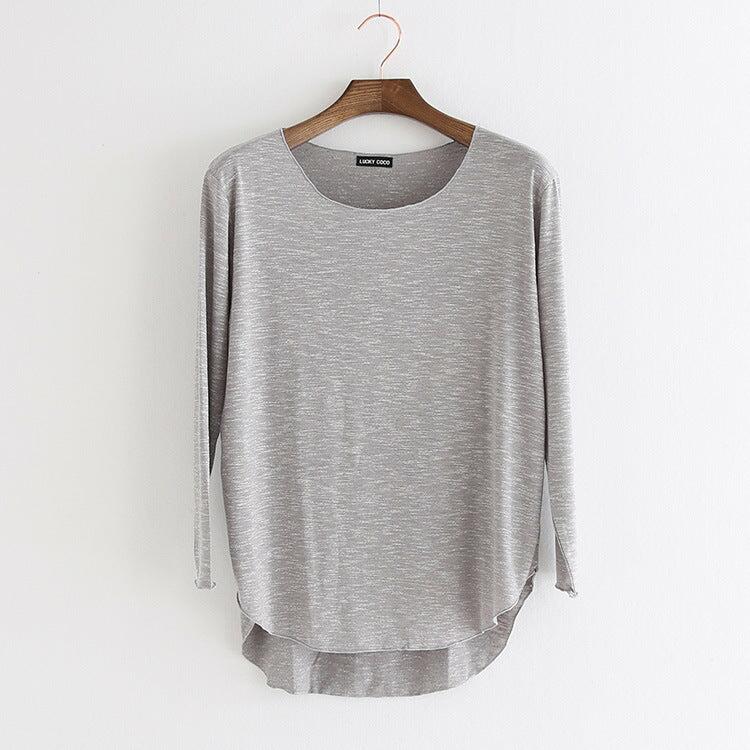 100% Slub Cotton T Shirt Women's Tops Round Neck Casual Long Sleeve Loose Fit Asymmetric
