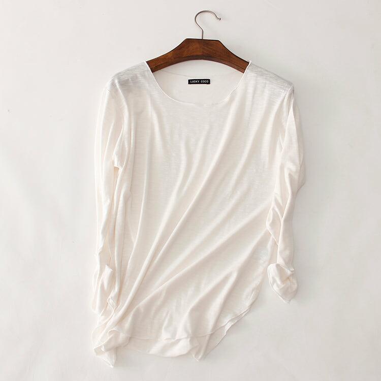 100% Slub Cotton T Shirt Women's Tops Round Neck Casual Long Sleeve Loose Fit Asymmetric