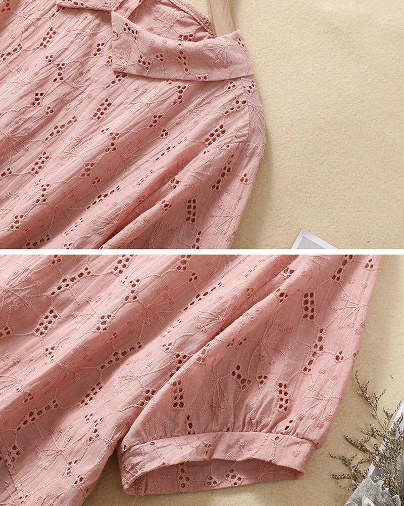 100% Cotton Broderie Anglaise Women's Blouse, Casual Shirt, Short Sleeved
