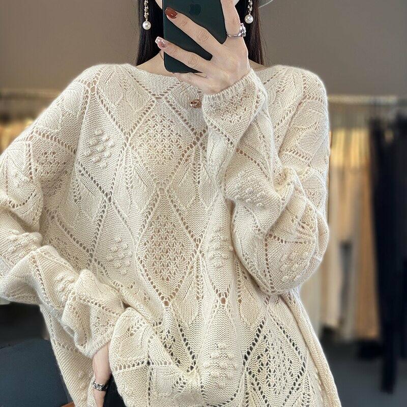 100% Pure Wool Lace Knit Women's Sweater Pullover  Round Neck