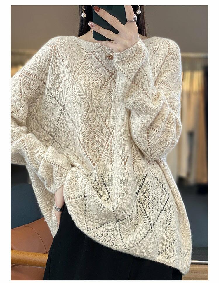 100% Pure Wool Lace Knit Women's Sweater Pullover  Round Neck