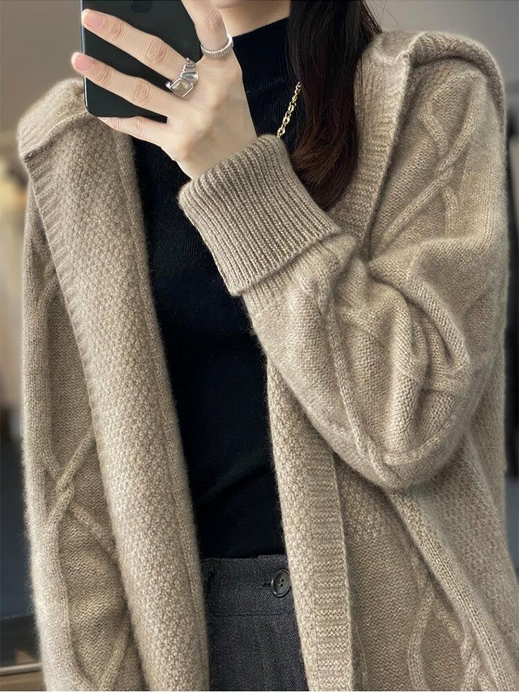 100% Pure Wool Women's Hooded Cardigan Casual Jacket Coat Knitwear