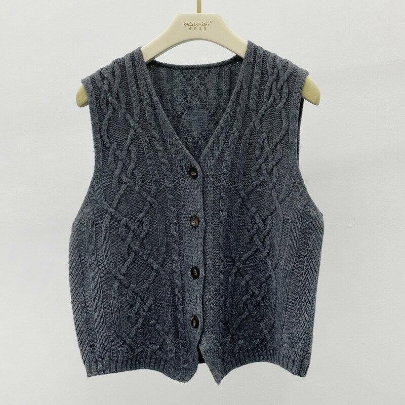 100% Wool Cable Knit Cardigan Gilet Women's Sweater Vintage Retro Vest Top Button Up