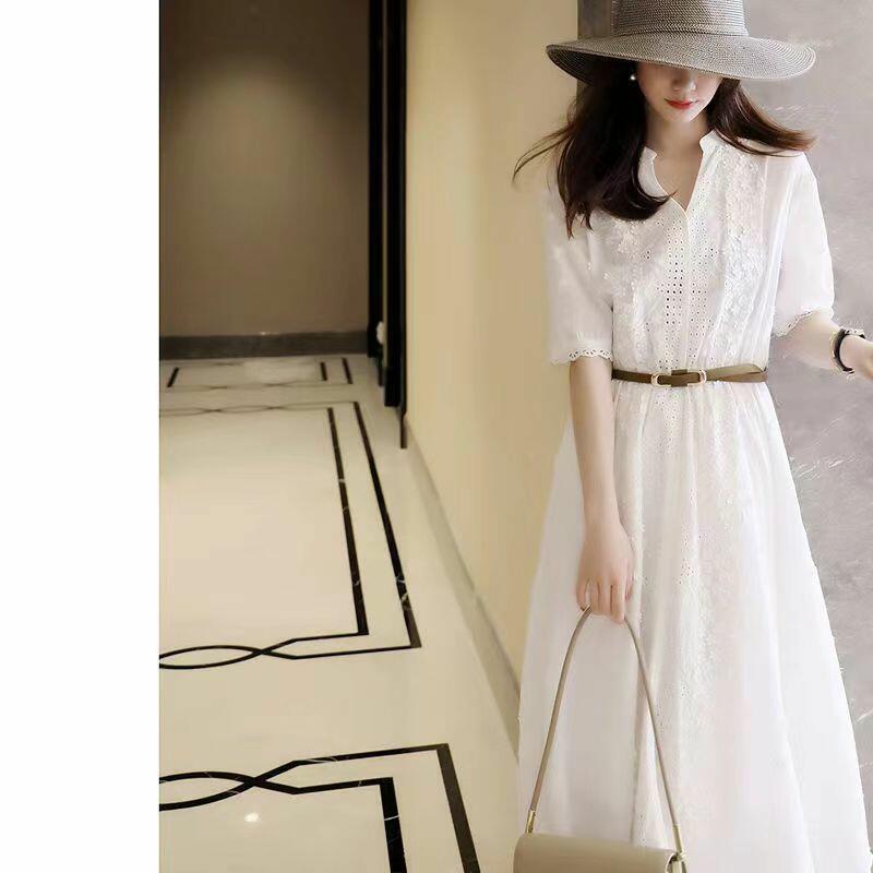 100% Cotton Embroidery Lace White Dress Ladies Short Sleeve Casual Waist A-line