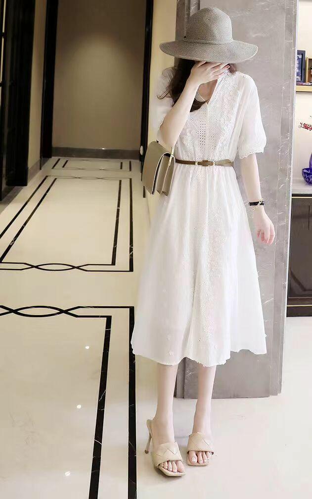 100% Cotton Embroidery Lace White Dress Ladies Short Sleeve Casual Waist A-line