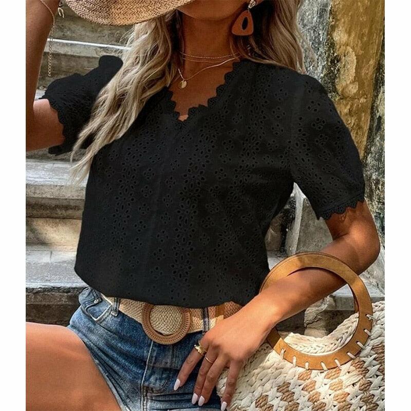 100% Cotton Lace Shirt V-neck Puff Sleeve Blouse