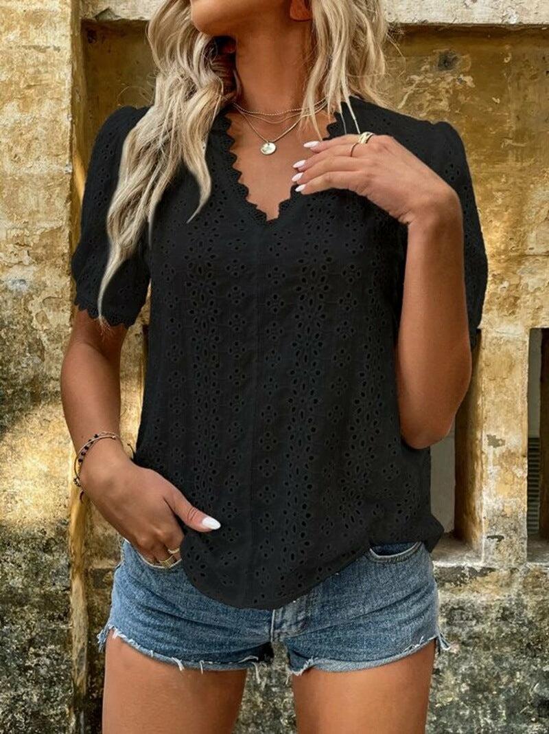 100% Cotton Lace Shirt V-neck Puff Sleeve Blouse