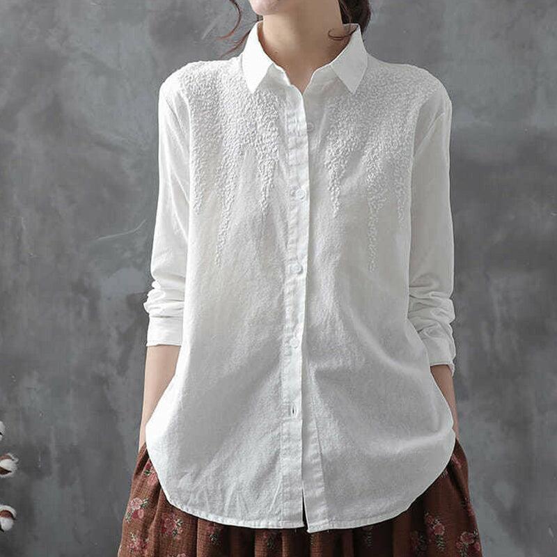 100% Cotton Women's Vintage White Embroidered Top Long Sleeve Shirt