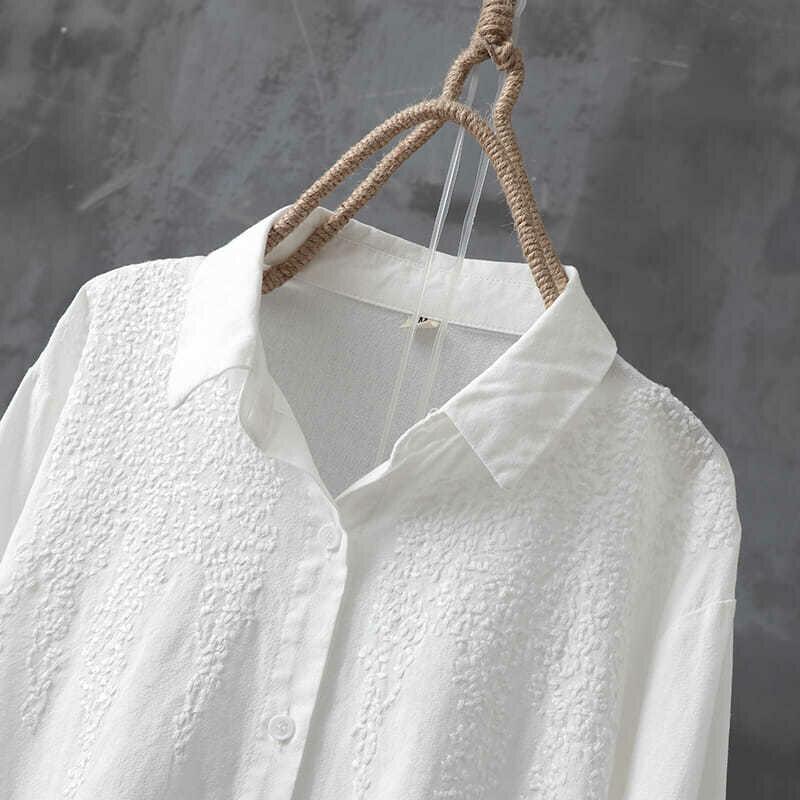 100% Cotton Women's Vintage White Embroidered Top Long Sleeve Shirt