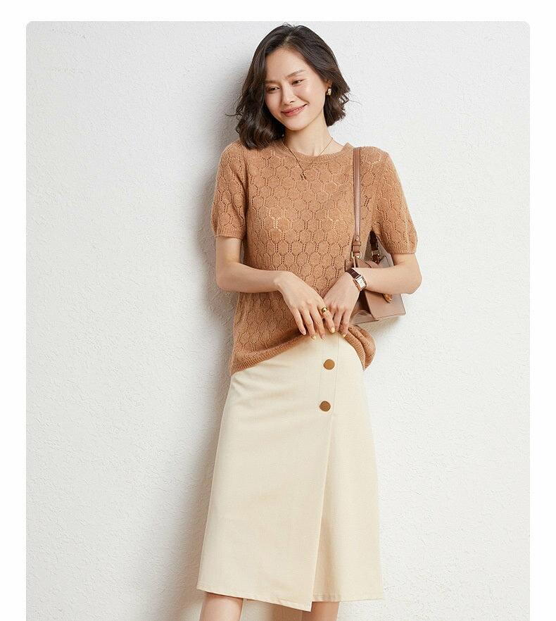 100% Australian Wool Women's Jumper Round Neck Pullover Hollow Out Lace Knit Top