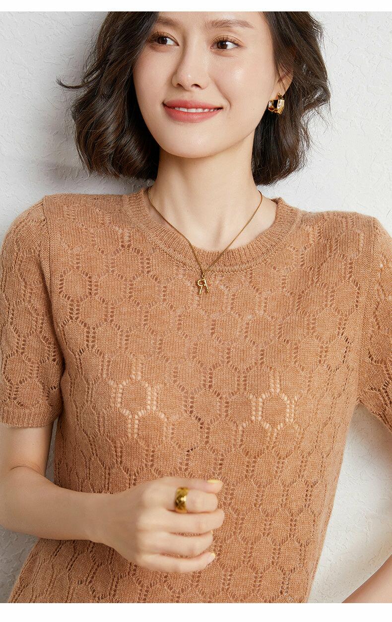 100% Australian Wool Women's Jumper Round Neck Pullover Hollow Out Lace Knit Top