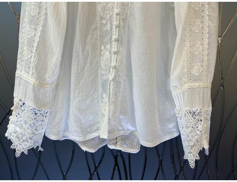 100% Cotton Crochet Lace Embroidery Women's Blouse Long Sleeve Top