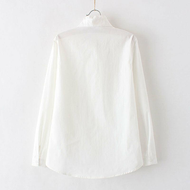 100% Cotton Lace White Women's Shirts Long Sleeve Ruffled Blouse Top