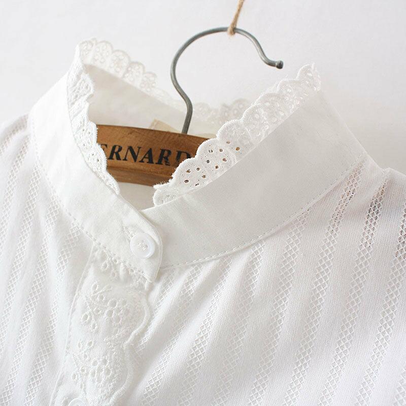 100% Cotton Lace White Women's Shirts Long Sleeve Ruffled Blouse Top